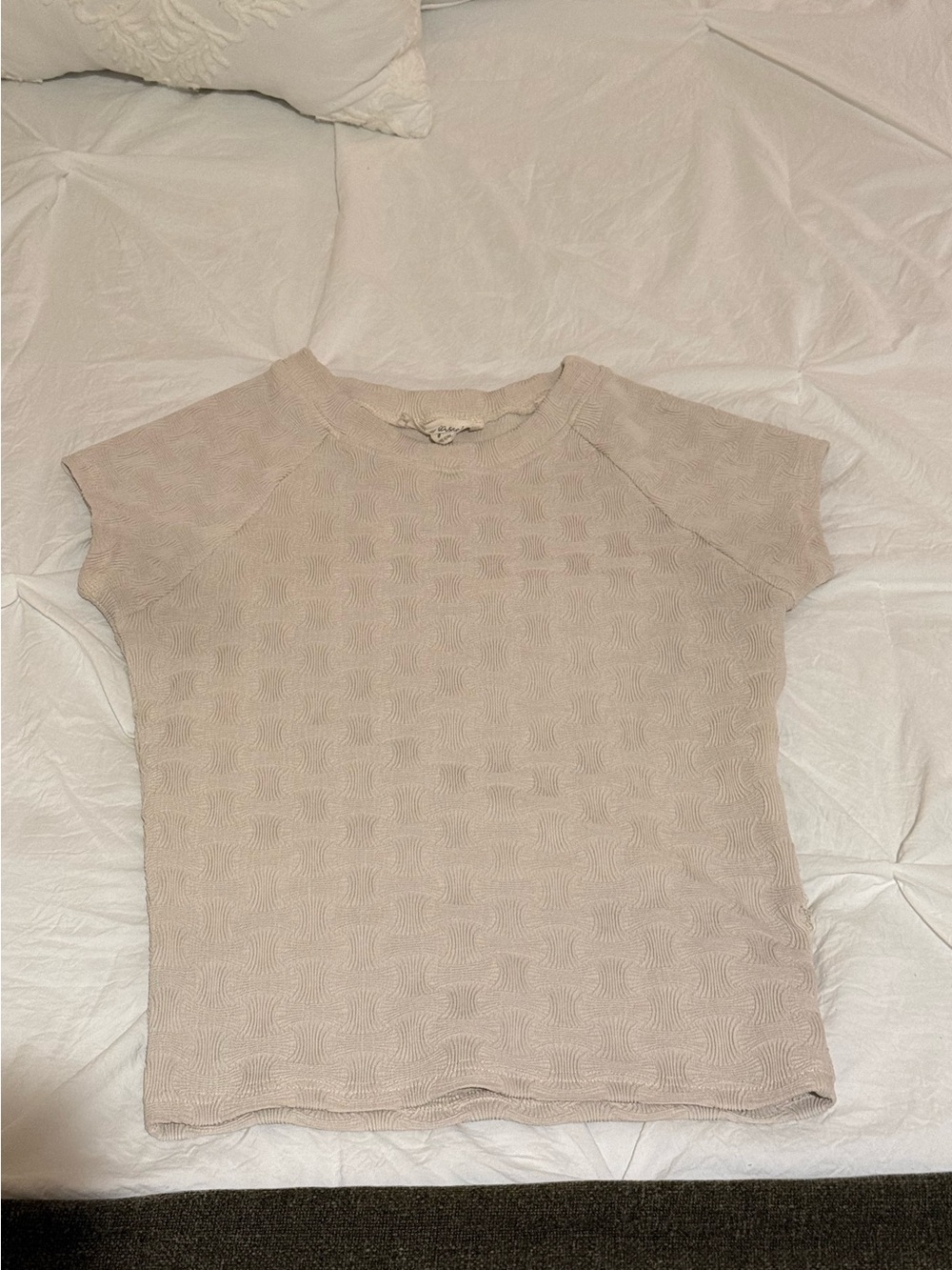 Anthropologie ‘Blue Tassel’ Women's Short Sleeve Patterned Top in Light Beige